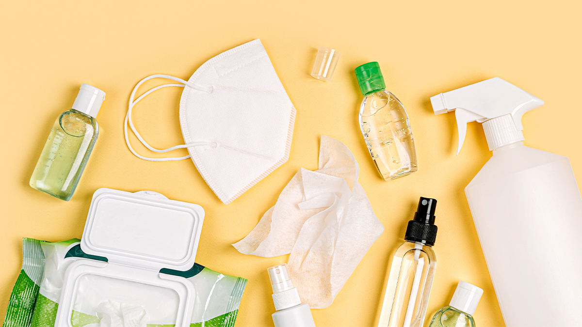 sanitary wipes, hand sanitizer and a facemask